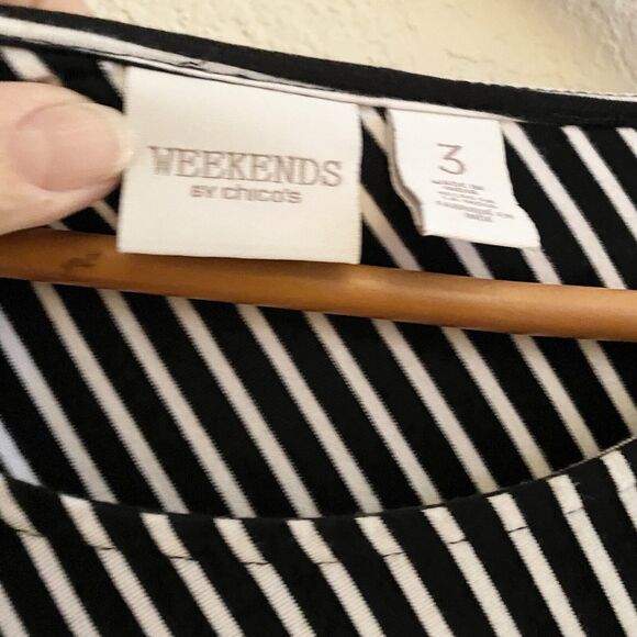 Chicos Weekends Top Womens 3 Black White Stripe‎ Tunic T-Shirt Asymmetrical Knit - Picture 3 of 11